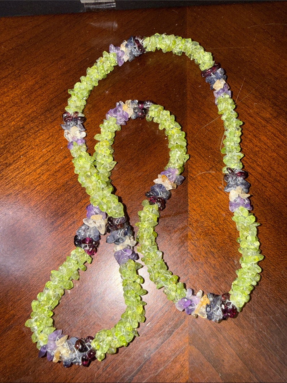 Multi-Gemstone Green Bead Necklace - Peridot, amethyst and garnet